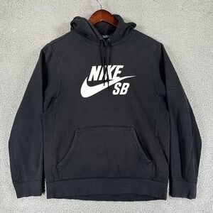 Nike SB Pullover Hoodie Mens Size Medium Black White Logo Swoosh Skateboard